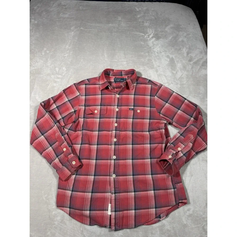 Vintage Polo Ralph Lauren Flannel Camp Shirt Size Large Red Loop Collar Cotton